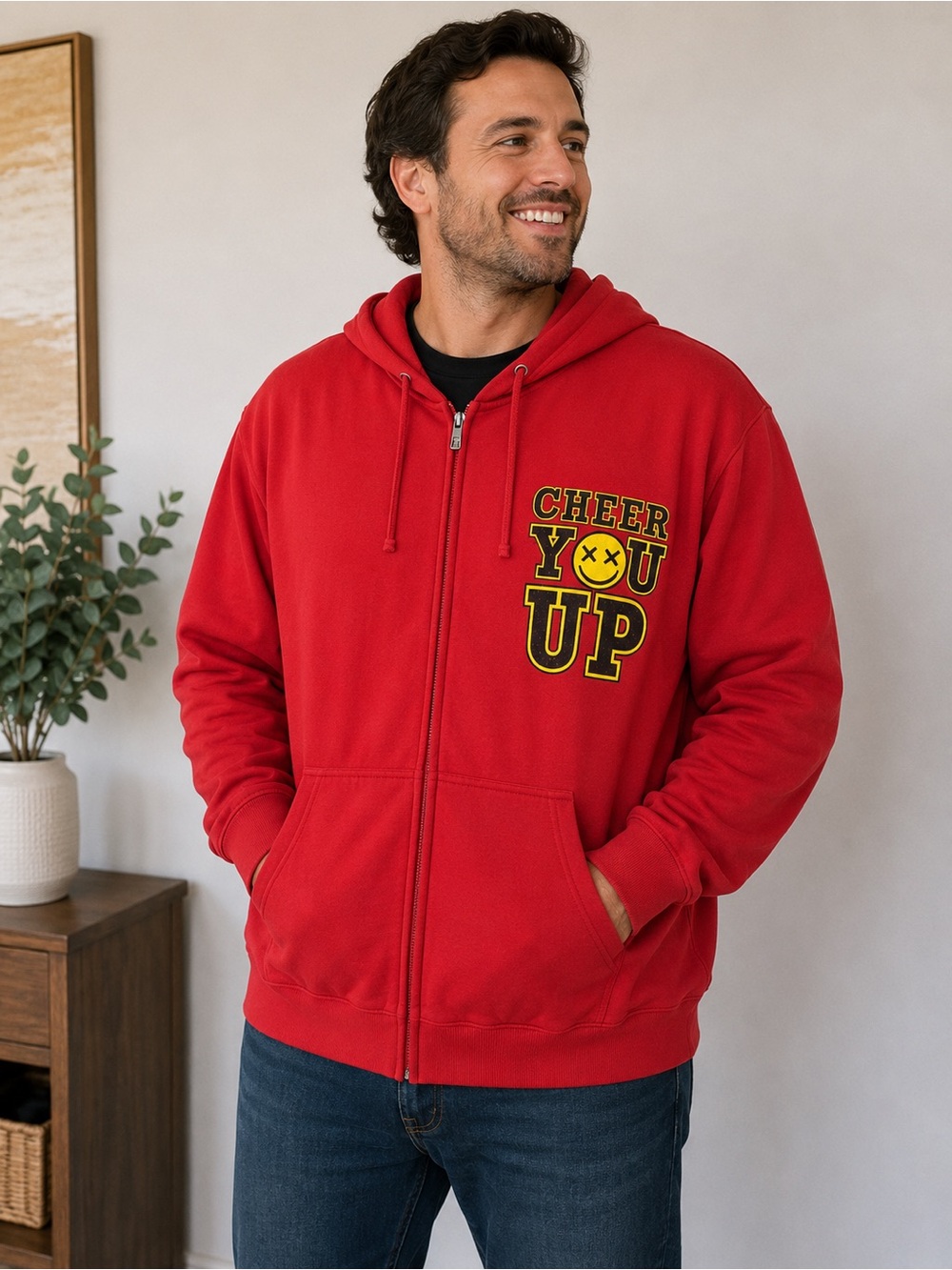 Giordano Cheer Up Red Graphic Zip-Up Hoodie – Men’s XL | 100% Cotton
